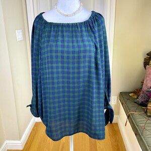 Talbots Blouse Plaid Blue Green Tartan Wide Neck ¾ Sleeve Plus (X)